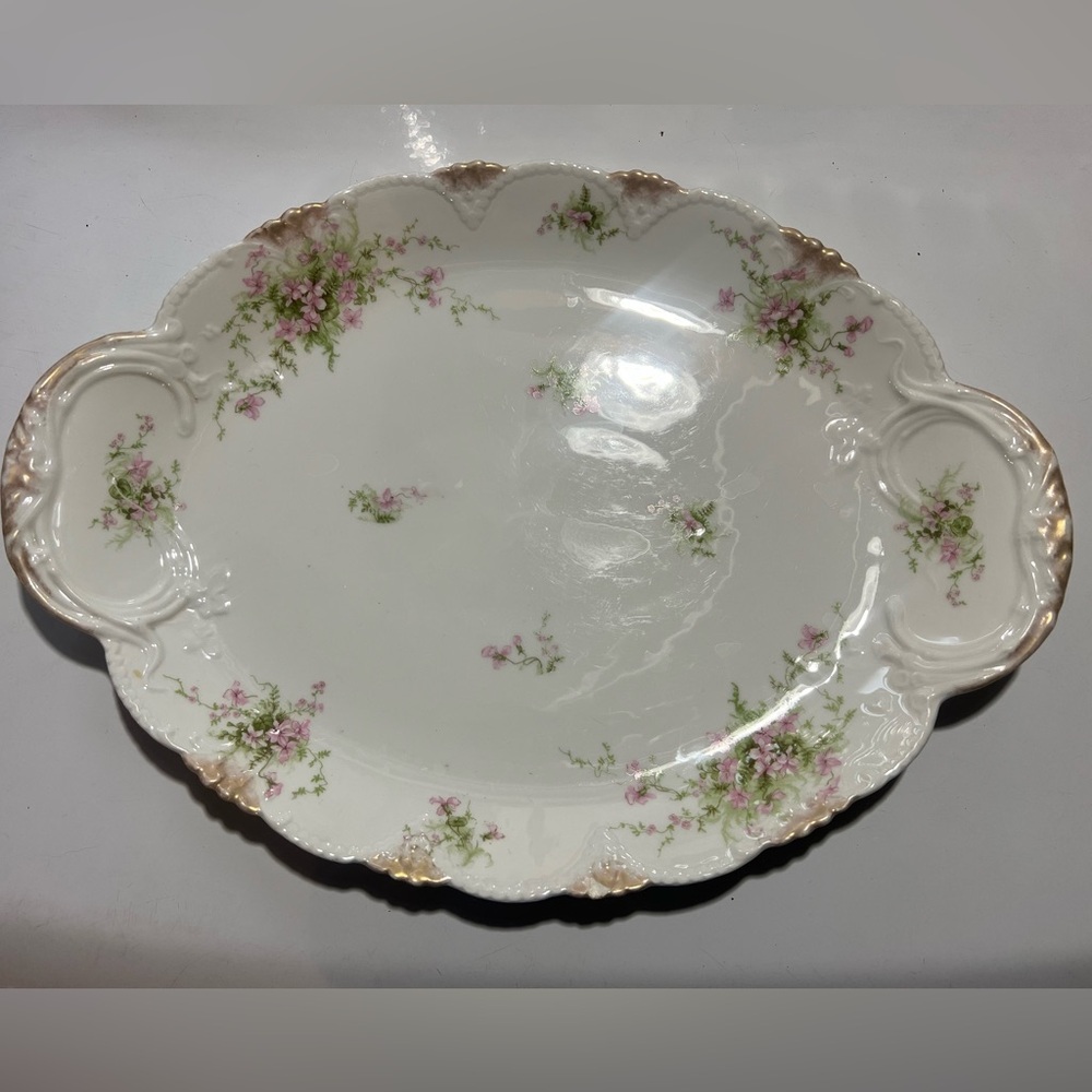 France - Antique Limoges Oval Serving Plater - Floral Pattern -Gold Trim Handles